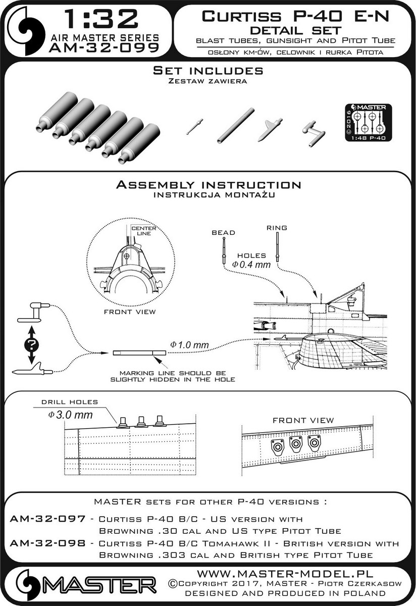 AM-32-099 Curtiss P-40 E - N - набор деталей - взрывные трубы Browning .50, прицел и трубка Пито