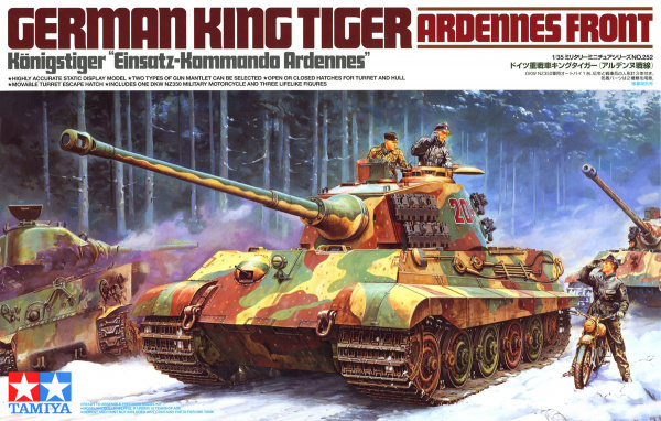 35252 Танк King Tiger Ardennes Front, мотоцикл Dkw Nz350. В комплекте 3 фигуры и мотоциклист Tamiya