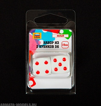 1216 Набор из 2 кубиков D6, 16мм. Белый с красными точками в блистере